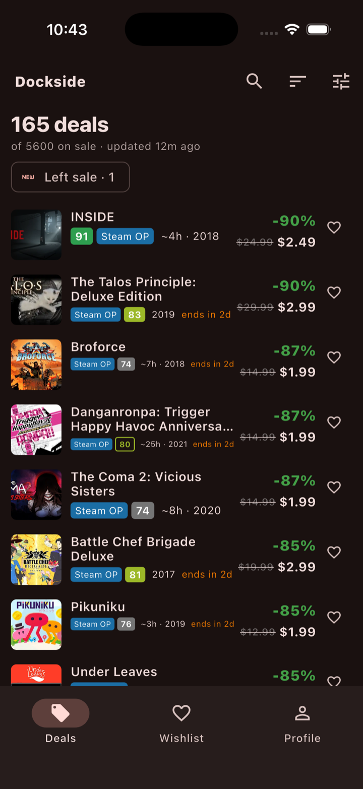 Dockside's deals list: a short list of highly rated Switch games on sale, each with score, play length and discount